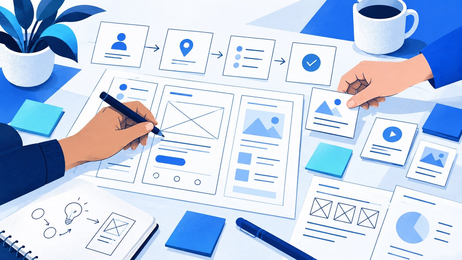 Concept illustration of hands collaborating on wireframes and product planning